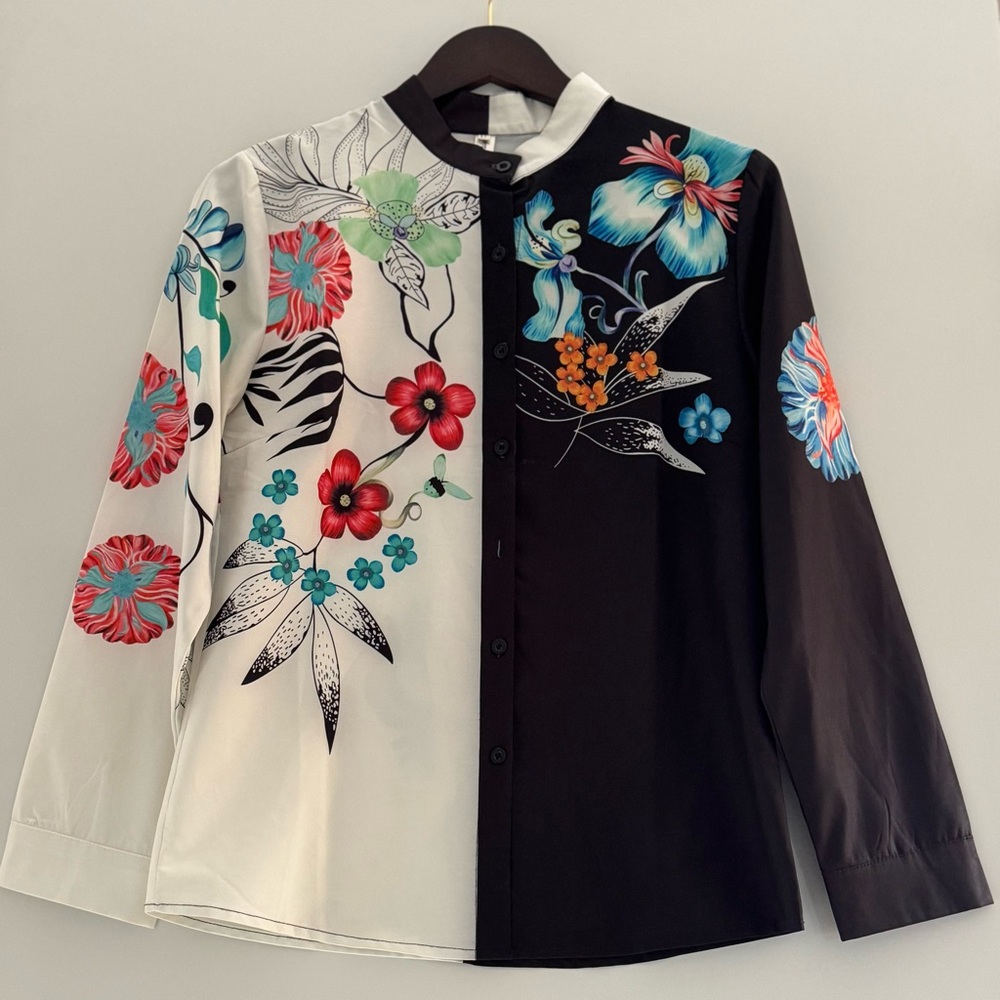 Unique Black and White Floral Button-Up Shirt
